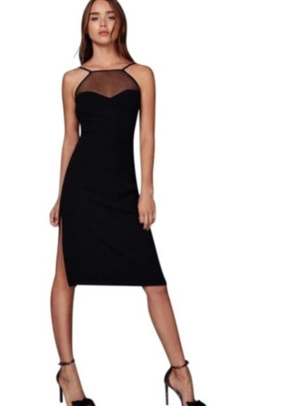 Reformation Margot Sleeveless Sheer Yoke Midi Dress in Black Size 6